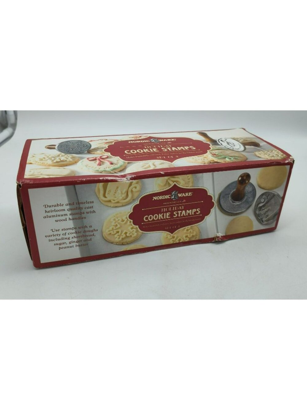 Nordic Ware Set of 3 Holiday Cookie Stamps Made USA Snow Bow Gift Tag Box damage